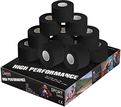 ALPIDEX 12 x Cinta Adhesiva Deportiva 3,8 cm x 10 m Diferentes CoIores Sport Tape 100% Algodón Inelástica Balonmano Fútbol Voleibol Escalada, Color:negro