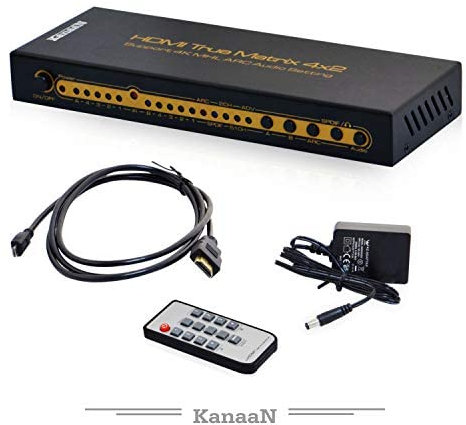 KanaaN UHD Matrix 4x2 Splitter Switcher Full HD, UHD, 4K, 4K*2K| ARC | Telecomando | output aggiuntivo per l'audio, SPDIF e jack da 3,5mm, stereo, Dolby 5.1 Surround | compatibile MHL e cavi HDMI 1.4