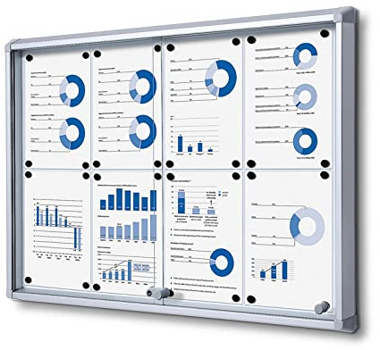 Schaukasten Schiebetür 8x A4 Innen | ESG Sicherheitsglas, B1 Brandschutz, Sicherheitsecken | silber, magnetische Rückwand, abschließbar | für Schule, Kita, Behörde, Wand-Montage, Schiebetüren