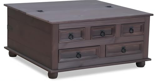 Hacienda-Look – Couchtisch Truhentisch Wohnzimmertisch Holz New Mexico massiv Kiefer kolonial – B91,5xH 45xT 91,5 cm – massive Kiefer – Farbe Dunkelbraun – Hacienda-Stil – wärmender Massivholz-Look