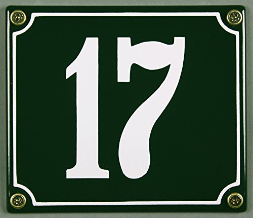 Emaille Hausnummernschild - Wählen Sie Ihre Nummer - Zahlen 1 bis 30 verfügbar - grün/weiß 12x12 cm und 12x14cm - sofort lieferbar! Hausnummer Schild wetterfest und lichtecht (17 grün/weiß 12x14cm)