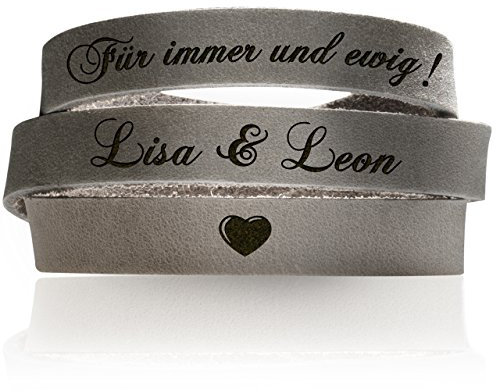 schenkYOU® Wickelarmband mit Gravur gestalten - Echt Lederarmband FARBE TAUPE | GRAU mit Ihrem Wunschtext graviert - Partnerschmuck als individuelle Geschenkidee für Muttertag