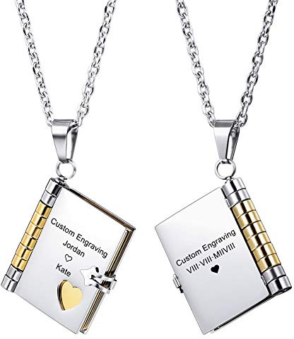 MeMeDIY Personalisierte Buch Anhänger Halskette Angepasst Gravur Name Datum für Damen Männer Mädchen Junge Bester Freund Edelstahl Verstellbare Kette Liebhaber Jubiläum Brautjungfer Geschenk