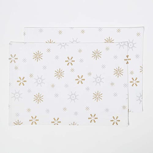 HOMESCAPES 2er-Set Weihnachts-Tischset weiß mit Schneeflocken 30x45 cm, Baumwoll-Platzsets Weihnachten, Festliche Stoff-Platzdeckchen waschbar