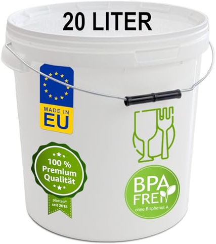 plasteo® Eimer mit Deckel 20 Liter - Behälter Kübel mit Schnappverschlussdeckel und Henkel | Lebensmittelecht | Vorratseimer | Stabil Stapelbar | Fest Verschließbar | Weiss