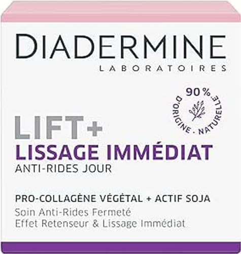 Diadermine - Lift+ Lissage Immédiat - Crème de Jour Visage Anti-Rides Ultra Tenseur - Soin Fermeté - Pro-Collagène végétal et actif soja - 90% d'ingrédients d'origine naturelle - Pot de 50 ml