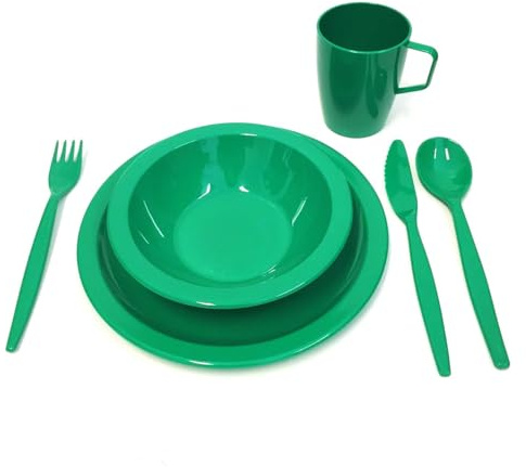 Harfield Camping Tableware Green Outdoor Dining Set - Plate, Bowl, Beaker & Cutlery Reusable Virtually Unbreakable Polycarbonate Plastic