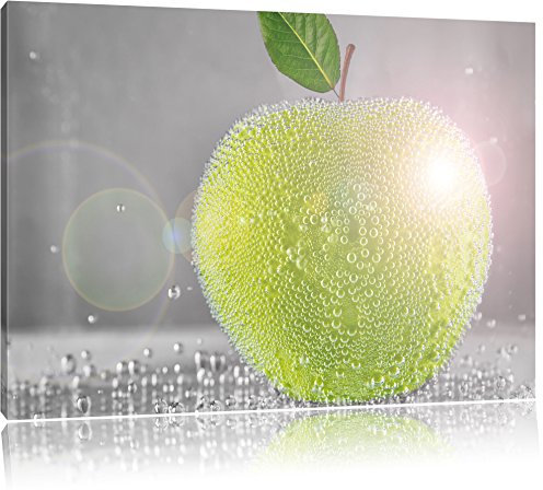 Pixxprint Grüner saftiger Apfel mit Wasserperlen B&W, Größe: 120x80cm, Leinwandbild, fertig gespannt, Wandbild, Dekoration, Kunstdruck, kein Poster