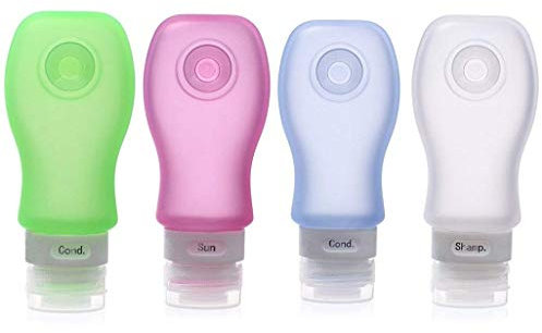 FNSHIP 4 Pack Sucker type Portable Food Grade Squeeze Silicone Liquid Travel Bottles TSA Approved For Shampoo, Conditioner, Lotion, Toiletries, Food condiment(1OZ,White+Blue+Green+Pink)