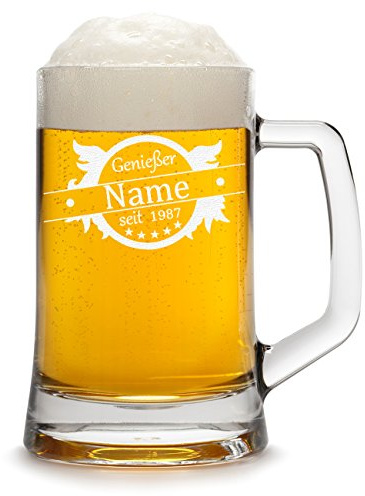 Bierkrug Personalisiert mit Gravur eines Namens und Jahreszahl - Bierseidel Geschenk zum Geburtstag mit - Motiv Genießer Flügel 0,3l