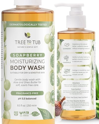 Tree To Tub Unscented Body Wash for Sensitive Skin & Dry Skin - Moisturizing pH Balanced Fragrance Free Body Wash, Hydrating Sulfate Free Body Soap for Women & Men w/Organic Shea Butter, Natural Aloe