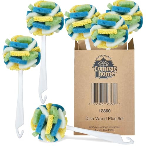 Compac Home Dish SpongeWand Plus Tri Surface Scrubbing Sponge with Cello Foam Scour Sponge Petals, Cleans Dishes, Glassware 360 Scrubber Pads for Tough to Clean Pots Pans, Multi-Color, (Pack of 6)