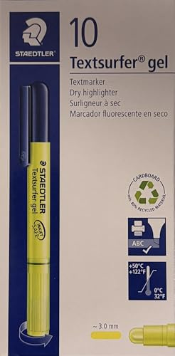 STAEDTLER Textsurfer Gel Trockentextmarker für Inkjet-Ausdrücke mit Drehmechanik Strichbreite 3 mm 10 Stück gelb | Gel-Textmarker mit Drehmechanik – verwischt nicht auf Inkjet-Ausdrucken – Art.-Nr. 264-1