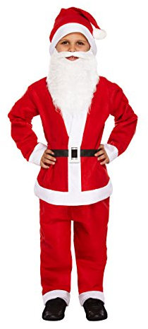 HENBRANDT Children’s Santa Claus Costume with Red Santa Hat and Santa Beard for Kids 5-Piece Father Christmas Xmas Fancy Dress Outfit Size Medium Ages 7-9 Christmas for Boys and Girls