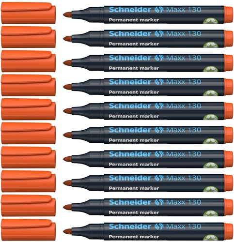 Schneider Maxx 130 Permanentmarker, 10er Pack, orange | Rundspitze, Strichstärke 1–3 mm, schnelltrocknend und wasserfest, nachfüllbar – für Karton, Folie, Glas, Metall, Holz, Stein