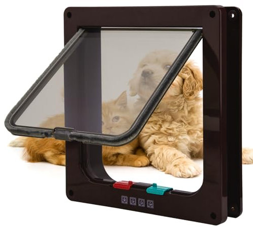 TKOOFN Gattaiola per Cani - Chiusura a 4 vie Portas per Gatti Porta per Animali Domestici Porta per Gattini, Cani di Piccola Taglia,Entrata e Uscita Controllabile (Marrone, L - 23,5 x 25 x 5,5 cm)