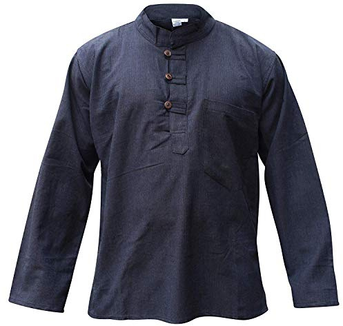 SHOPOHOLIC FASHION Plain Hemp Fabric Band Collar Hippy Grandad Shirts for Men, Navy, 4XL