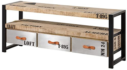 MASSIVMOEBEL24.DE | Factory massives TV-Board #106 - Natur Bedruckt | aus Mango-Holz | 150x40x60cm | 3 Schubladen - 1 offenes Fach | Lowboard Longboard