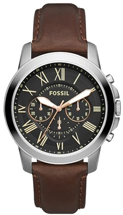 Fossil Men's Watch, Grant Quartz Stainless Steel and Leather Chronograph Watch for Men, Color: Silver, Brown