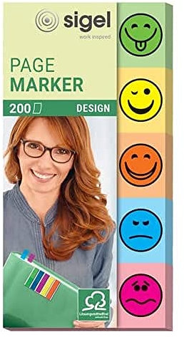 SIGEL HN502 Haftmarker Design Smileys aus Papier, 200 Streifen im Format 20 x 50 mm, 5 Farben