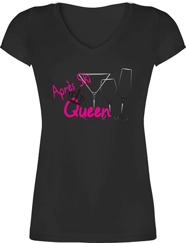 T-Shirt Damen V Ausschnitt - Skiurlaub - Après Ski Queen - Apres Ski Party Outfit Mottoparty - S - Schwarz - Shirt skishirts Skifahren apre Tshirt Fasching après-ski-Party-Outfit Wintersport
