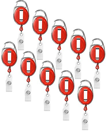 Karteo Ausweishalter Jojo ausziehbar rot [10 Stück] Ausweis Jojo mit Karabinerhaken und Gürtelclip und Vinylschlaufe als Ausweishalter für Kartenhüllen Ausweishüllen