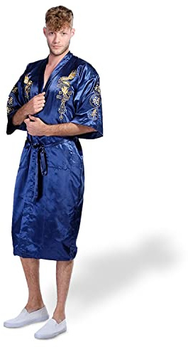 Secret Collection Mens Silk Bath Robe Kimono Dragon Embroidery Large Blue