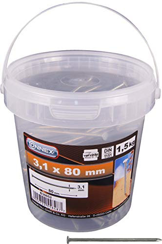 Connex Drahtstifte 3,1 x 80 mm - 1500 g - Senkkopf - Verzinkt - Aufbewahrung in praktischem Eimer - Für den universellen Einsatz / Stahlnägel / Drahtnägel / Nagel-Sortiment / Großpack / B30052