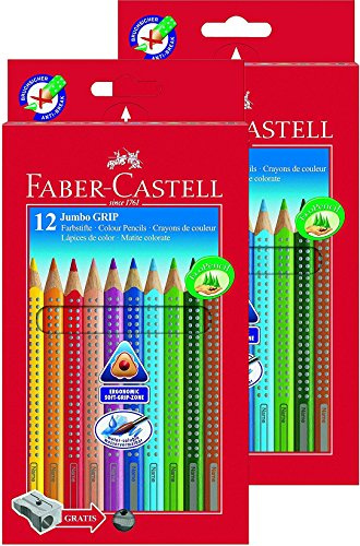 Faber-Castell 110912 Jumbo Grip Buntstifte für Kinder, Malstifte mit Grip und dreieckigem Schaft, wasserlöslichen Pigmenten, leicht auswaschbar und bruchsicher (12er Set Doppelpack)