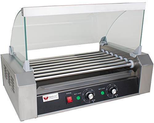 Beeketal 'BH7WG' Profi Hot Dog Grill mit 7 rotierenden Heizstäben, Edelstahl Würstchen Grill Gerät mit Fettauffangschublade und Glas Abdeckhaube, 2 Heizzonen separat stufenlos regelbar 50-250 °C