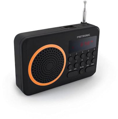 Metronic 477204 Radio portátil FM compacto con puerto USB + lector tarjeta Micro SD, negro/naranja