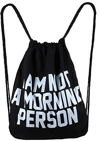Hanessa Jutebeutel Morning Person - mit lustigem Spruch Aufdruck Sportbeutel lustige Sprüche Tüte Rucksack Beutel Tasche Gym Bag Gymsack Hipster Fashion Sport-Tasche Einkaufs-Tasche Schwarz
