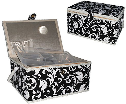 alles-meine.de GmbH 2 TLG. Nähkorb XL groß - mit Einsatz und Nadelkissen - Ornament schwarz weiß - Nähkästchen Nähkasten - bunt Handarbeitskorb Blumenranke für Frauen und Kinder ..