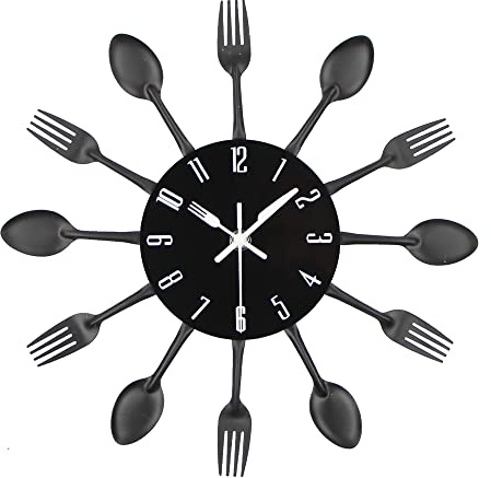 Timelike Edelstahl Küchenutensilien Uhr - Küche Besteck Wanduhr mit getönten Gabeln, Löffel, Spatel Design Küchenuhr mit für Küche Déco Indoor und Outdoor 12.6'' Schwarz