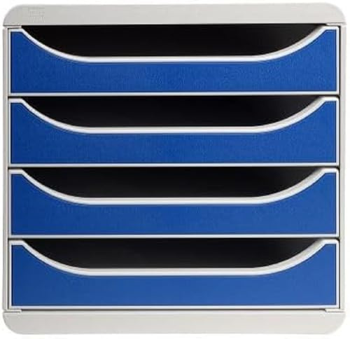 Exacompta – Ref 310003D – BIG-BOX skrivbordslåda set – 4 x 55 mm lådor, lämplig för A4+ dokument, 347 x 278 x 267 mm, 100% återvunnen plast – ljusgrå/blå