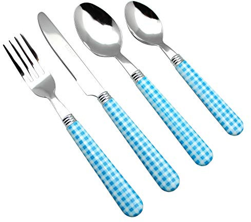 EXZACT Couverts en inox 24 pièces - Motif Vichy de Couleur: 6 x Fourchettes, 6 x Couteaux, 6 x Cuillères, 6 x Cuillère à café (Bleu)