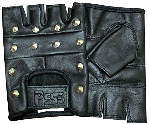 PrimeLeather - Hochwertige Handschuhe Echtes Leder Schwarz Mit Nieten Fingerlos Biker Punk Gothic Fahren Radfahren Mittelgroß