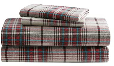 Eddie Bauer Sheet Set di Biancheria da Letto in Flanella di Cotone, Spazzolato per Una Maggiore Morbidezza, Accogliente Decorazione per la casa, Montlake Plaid, Coppia