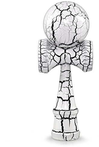 Ganzoo Kendama in Legno di faggio Vero, Design Flash Bianco con fulmini Neri, Gioco Tradizionale Giapponese di destrezza con Sfera Forata, Cordino in Nylon e 3 Coppe