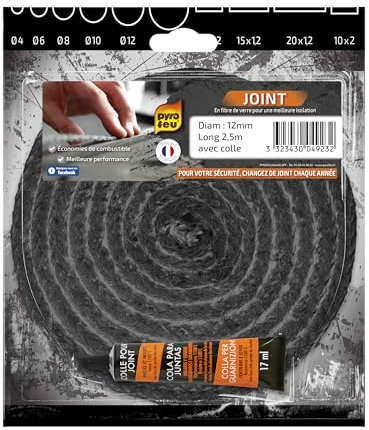 Pyrofeu - Joint Noir en Fibre de Verre - Diamètre 12, 2m50 - Résiste à 500°C - Fabrication Française - Tube de Colle 17ml Inclus