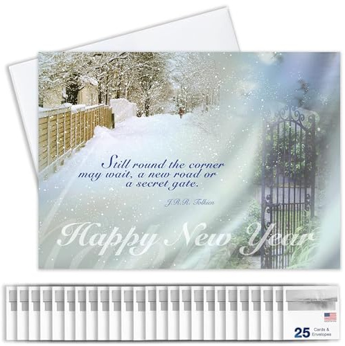 New Years Cards for Business & Family (Tolkien Winter Scene) Greeting Card Set Pack of 25 Happy New Year Cards with Envelopes for 2026 (5x7 inch - A7) Great for Office, Work, Employees & Clients N8008