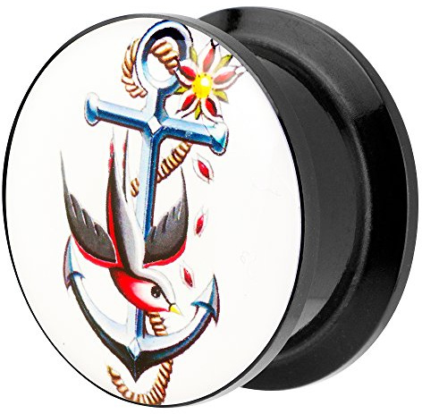 Piersando Ohr Plug Piercing Kunststoff Motiv Comic Picture Flesh Tunnel Ohrplug mit Anker und Schwalbe Vogel Schwarz Weiß