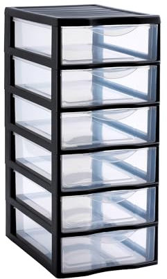 SUNDIS Orgamix, schubladenbox aus Kunststoff, 6 transparente Schubladen im A4-Format, Höhe 50 cm, stapelbar, ideal für die Aufbewahrung von Büros, Kursen, Unterlagen, Zubehör, Accessoires