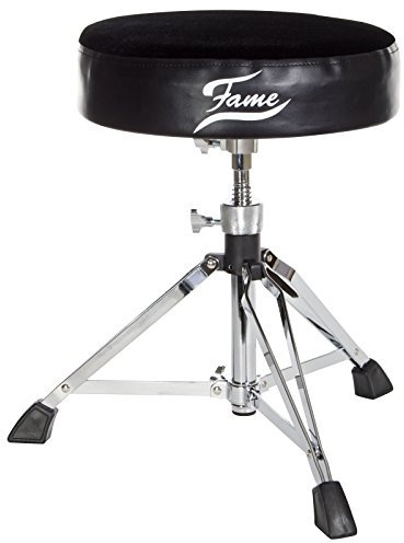 Fame D9000C Drumhocker, Stabiler Verchromter Schlagzeughocker, Doppelstrebige Basis, Runde Stoff-Sitzfläche, Massive Drehspindel, Höhenverstellbar 50-70cm