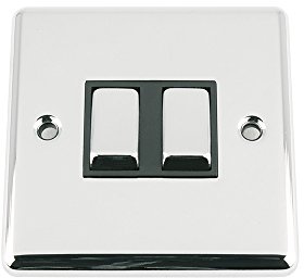 A5 Products Light Switch 2 Gang Polished Chrome Classic - Black Insert - Metal Rocker Switches - 10A 2 Gang 2 Way