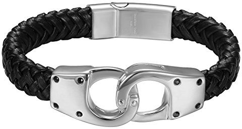 JewelryWe Smycken herrarmband, rostfritt stål handbojor förbinder design med läderband armband, silver svart