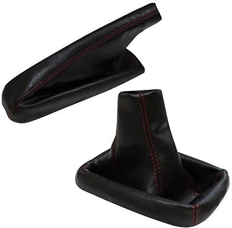 AERZETIX: Soufflet de Levier de Vitesse et Frein à Main en Simili Cuir Noir avec Coutures Rouges