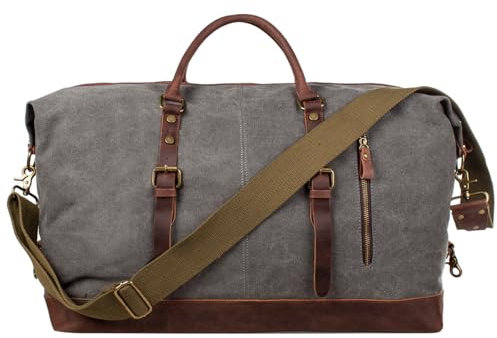 S-ZONE Reisetasche 52-55L Vintage Canvas Crazy Horse Leder Trim Unisex Handgepäck Weekender Tasche Sporttasche für Reise Wochenende Urlaub