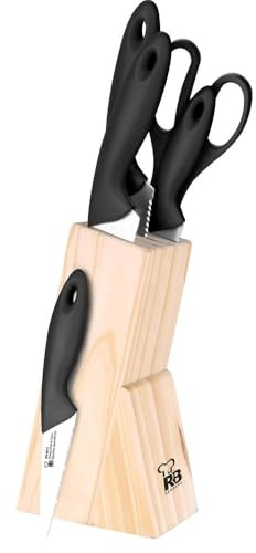 RB Renberg Dresde - 6 couteaux - acier inoxydable - Cuchi Chef 18cm - Couteau à pain 20cm - Cuchi polyvalent 12,5 cm - Cuchi peleling 8,75 cm - Ciseaux - Poignée noire - Bloc en bois