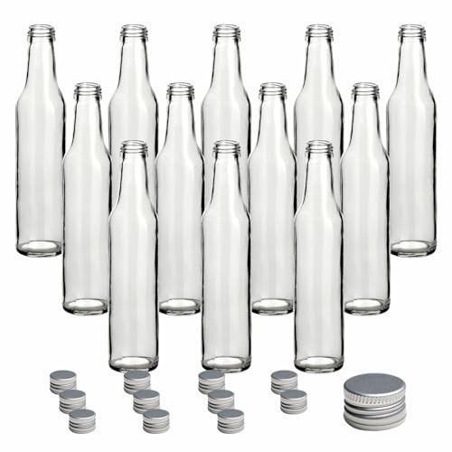 gouveo Juego de 12 Botellas de Vidrio 250 ml Burdeos con Tapón de Rosca Plateado - Botella de Vidrio Redonda para Cocina y Hogar - Botella Vacía para Licor, Aceite, Vinagre (FBR250S)